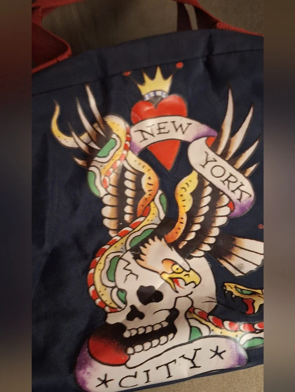 Ed Hardy Navy & Red New York Graphic Duffel
